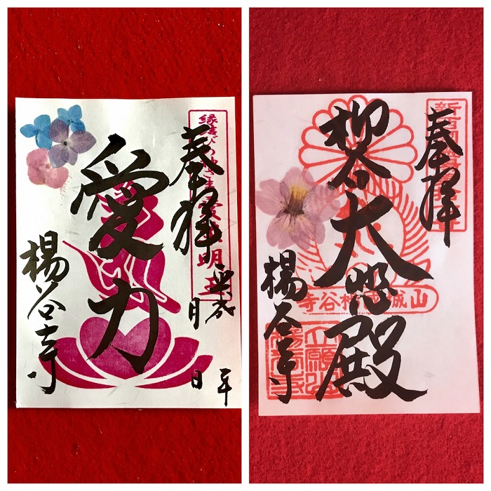 左 あじさいの押し花朱印(1000枚限定 志納料600円)右 陽光桜の押し花朱印(4月に授与)