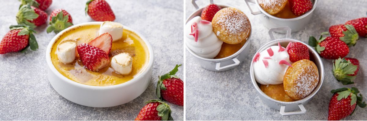 2月の「ストロベリーブリュレ」(左)と3月の「ミニパンケーキ」
