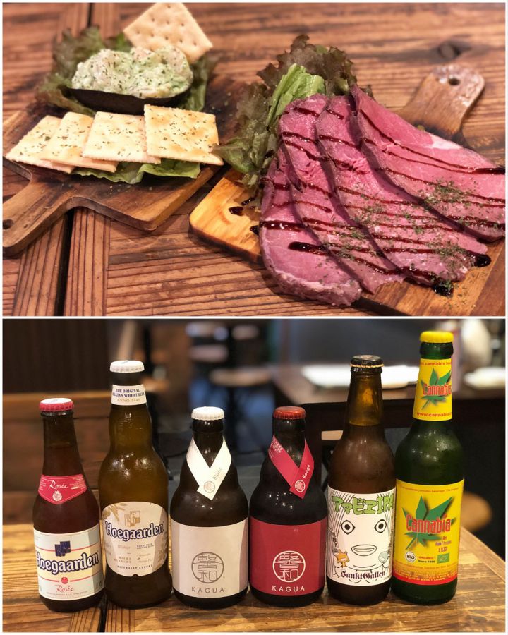 左「小エビとアボカドのわさびマヨ和え」580円(税抜)、中央「ハーブたっぷりローストビーフ」 1080円(税抜)、右「本日のクラフトビール」各680円〜(税抜)