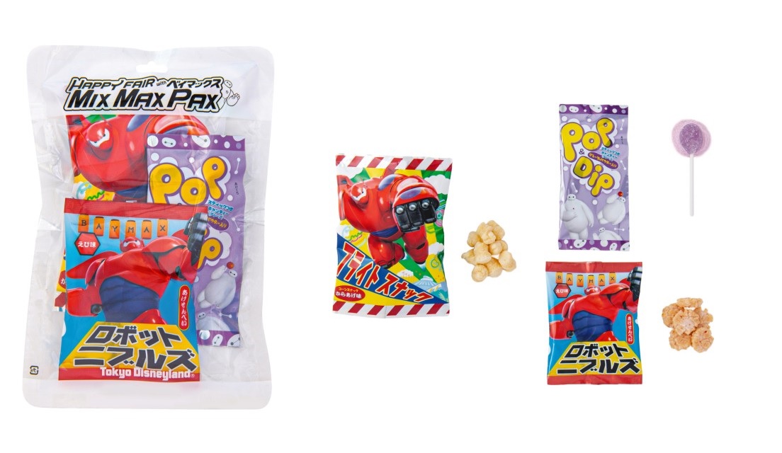 フライトスナック【コーンスナック(からあげ味)】、ポップ&ディップ【スティックつきキャンディー(グレープ) グレープパウダー入り】、ロボットニブルズ【あげせんべい(えび味)】