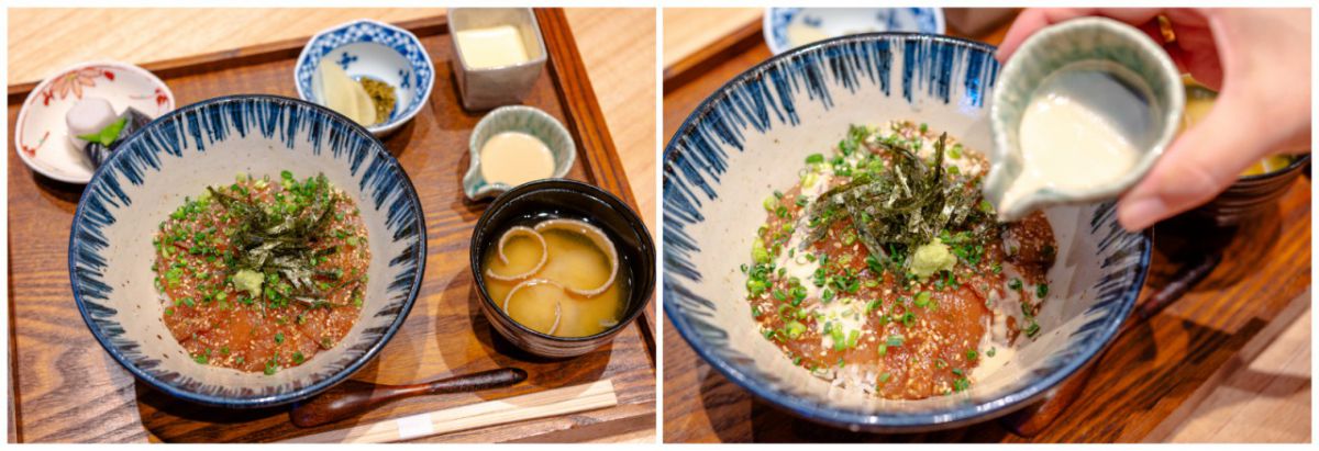 写真左・味噌汁、小鉢、香の物、デザート付き、右・まずはそのまま、次に練りごまだれをかけて召し上がれ