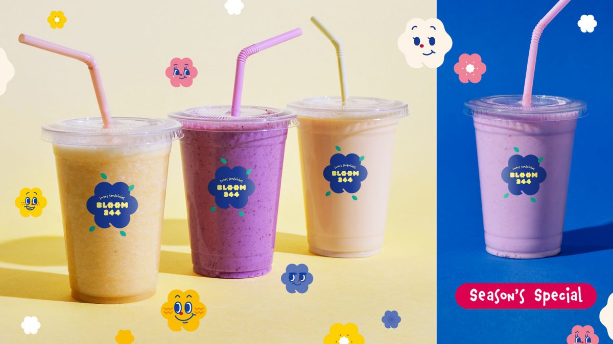 (左から)・「ミックスフルーツ」パイナップル、りんご、バナナ、オレンジ ・「ミックスベリー」ストロベリー、ブルーベリー、クランベリー、ミルク ・「マンゴーオレンジ」マンゴー、オレンジ、ヨーグルト、ミルク ・「いちごミルク(期間限定)」ストロベリー、ミルク