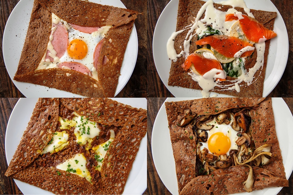 (左上)「ハムと卵のチーズガレット」(左下)「キーマカレーとモッツァレラチーズのガレット」(右上)「スモークサーモンとほうれん草のレモンクリームガレット」、(右下)「5種キノコと玉子のチーズガレット」